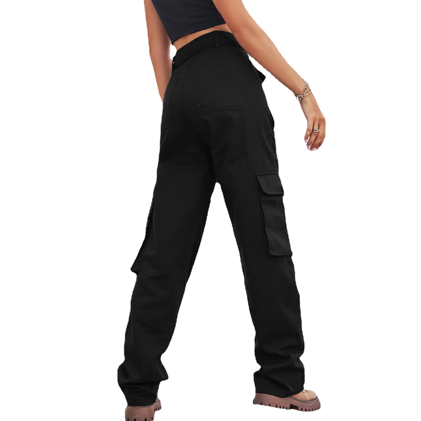 Washed Denim Multi-Pocket Cargo Pants with Tie Waist - Image 10