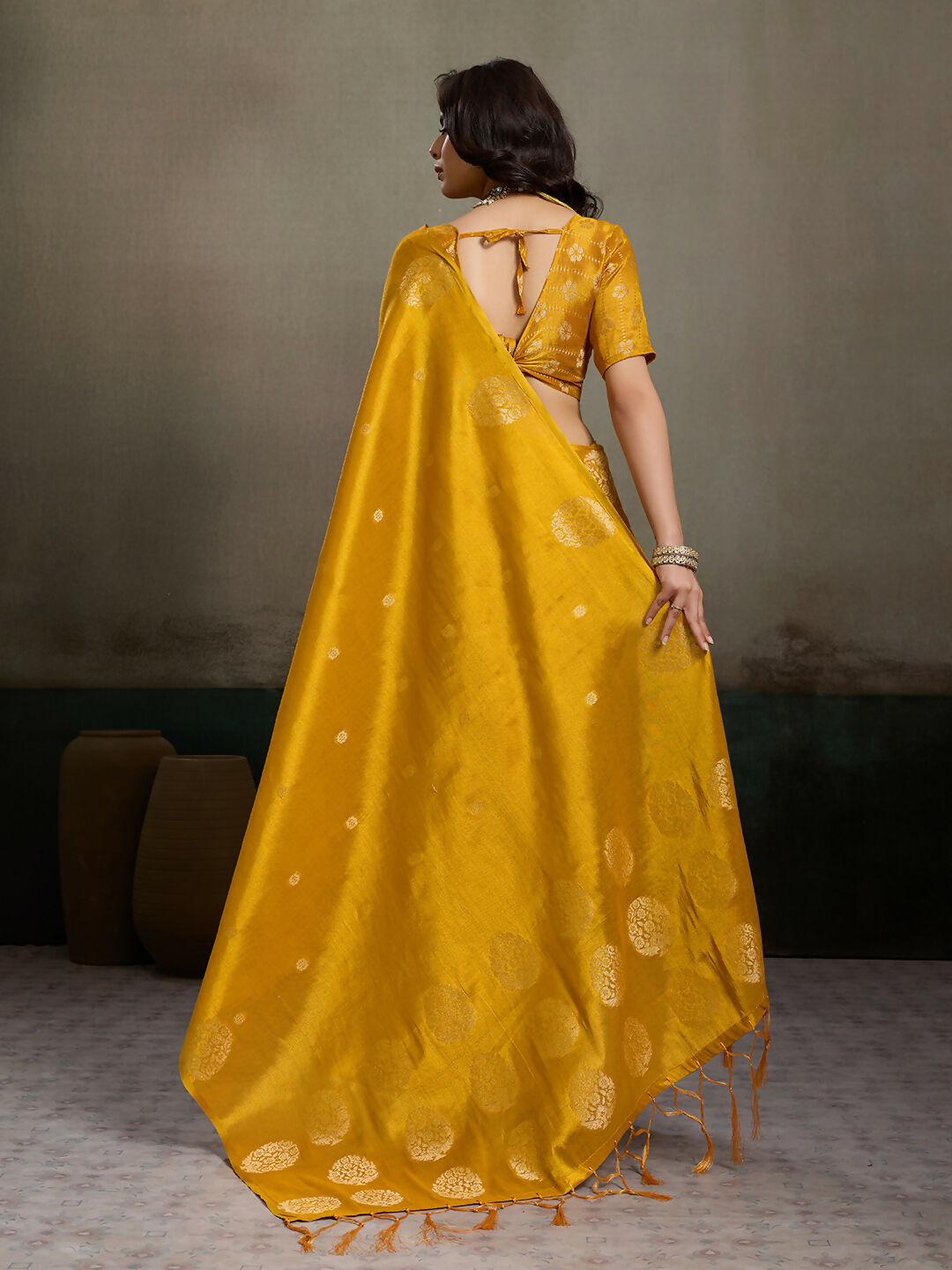 Mustard Yellow Tissue Silk Saree with Matching Blouse