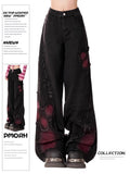 Washed Black Wide Leg Distressed Butterfly Denim Pants - Image 6