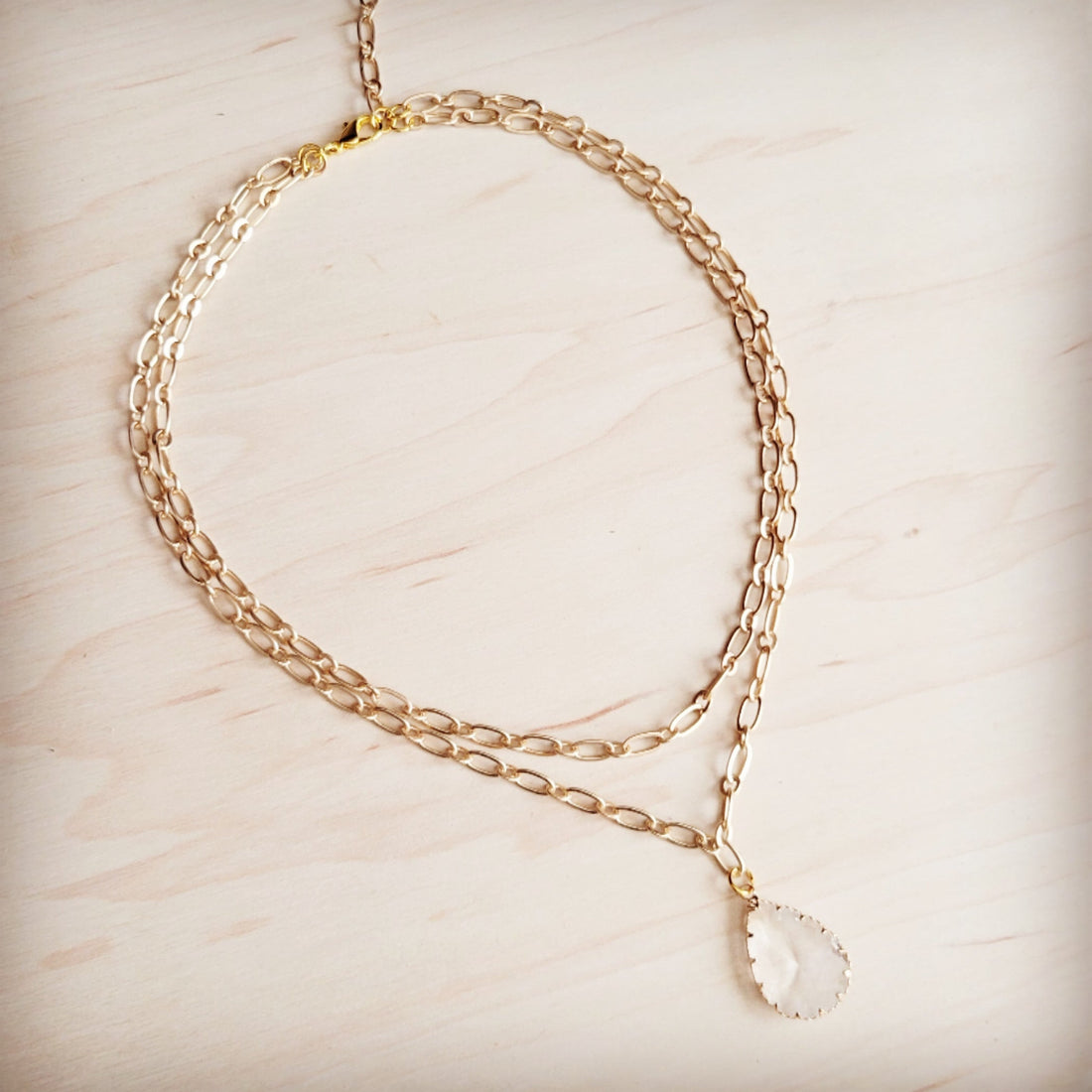 Double Strand Gold Chain Necklace with Teardrop Pendant