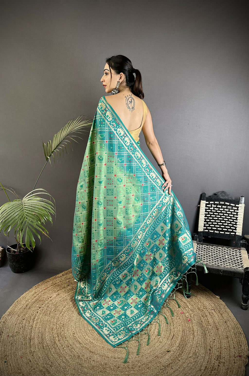 Turquoise Geometric Pattern Soft Silk Patola Saree with Blouse