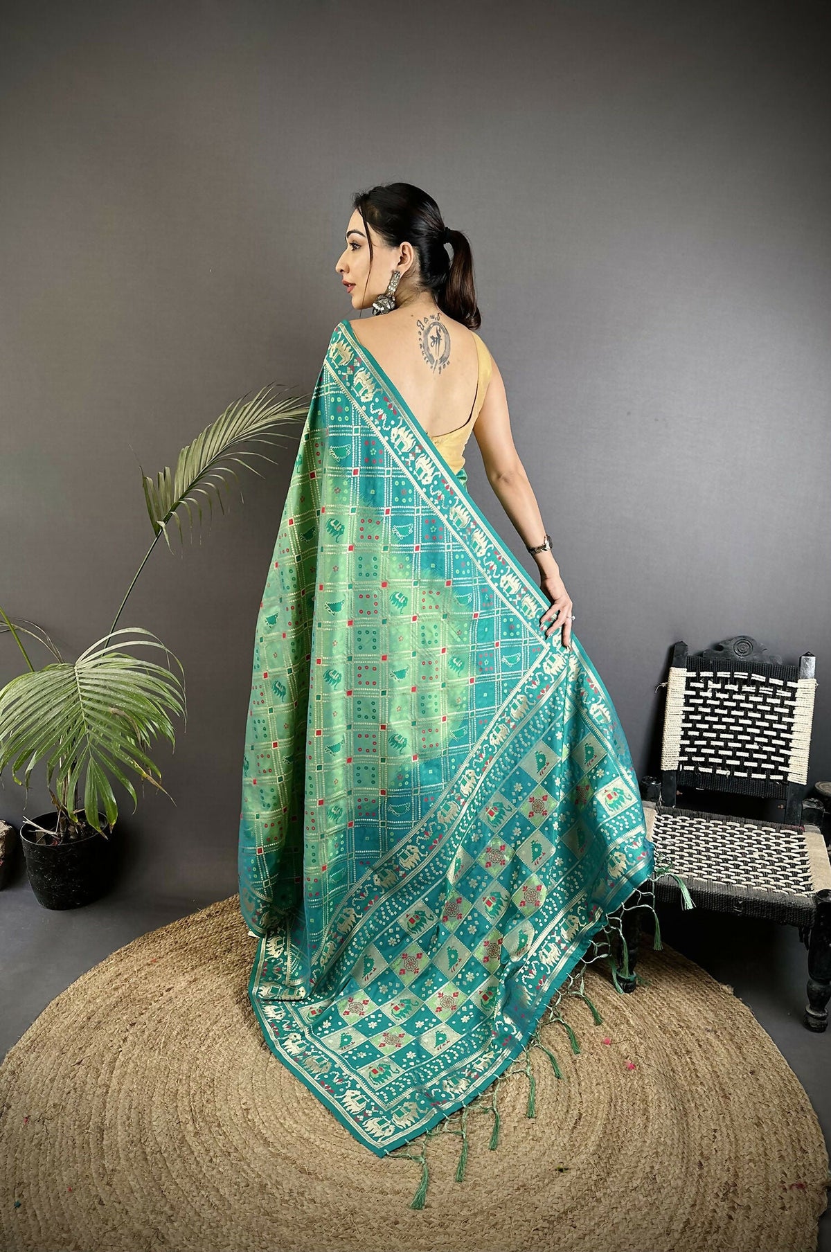 Turquoise Geometric Pattern Soft Silk Patola Saree with Blouse