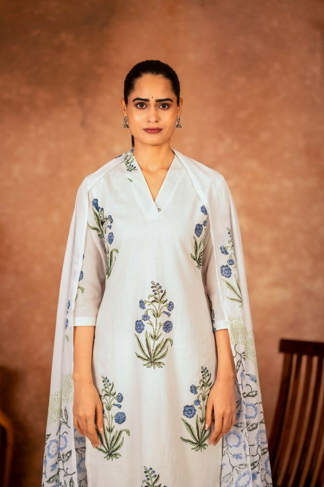 Off White and Blue Hand Block Printed Cotton Suit Set