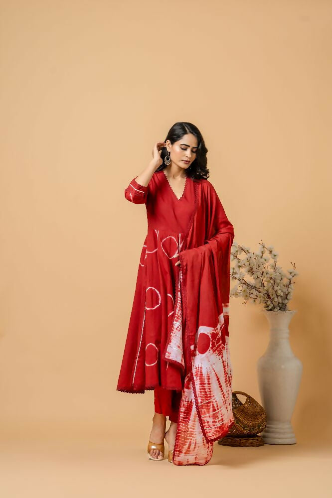 Red Tie & Dye Cotton Suit Set for Women