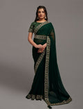 Elegant green zometo saree with intricate embroidery and lace detailing