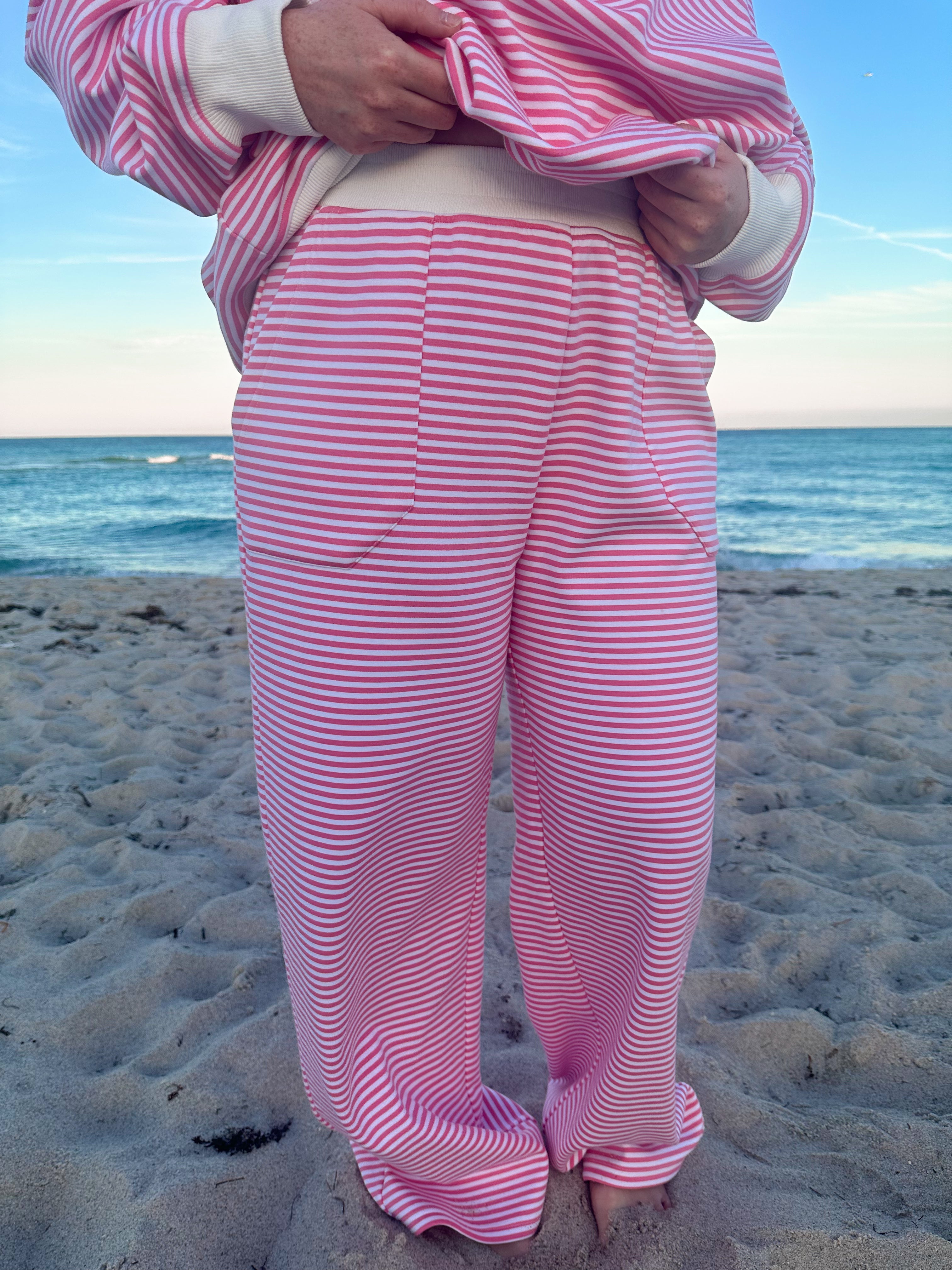 Dark Pink and White Striped Unisex Sweatpants Loungewear
