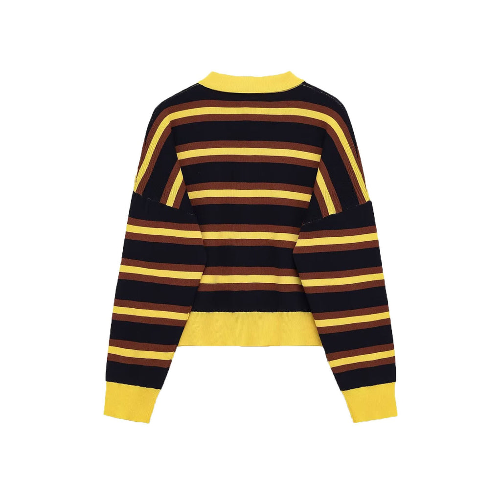Yellow Striped Long Sleeve Polo Neck Knit Sweater - Image 2