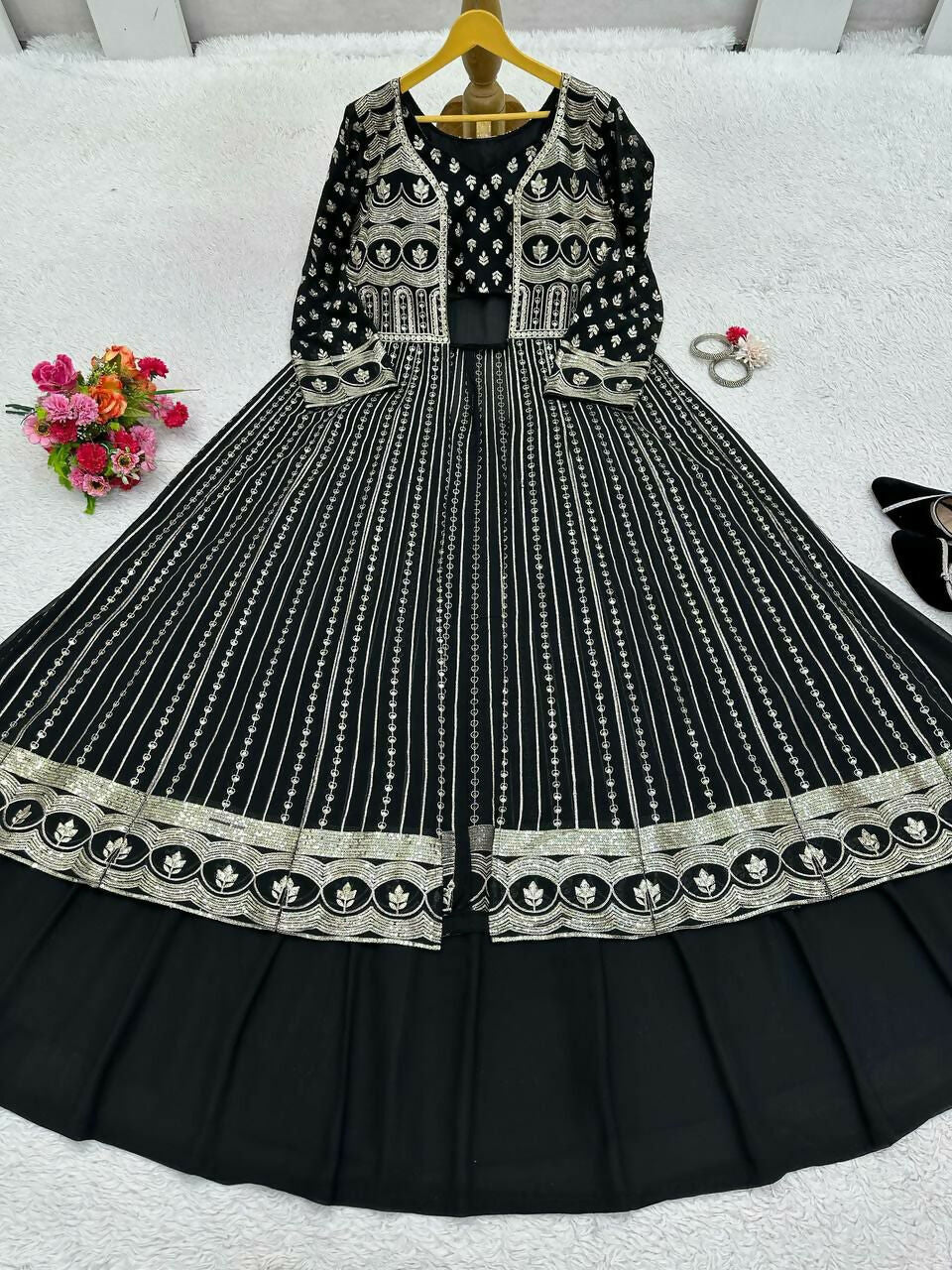 Black Faux Georgette Sequins Embroidered Lehenga Choli with Shrug