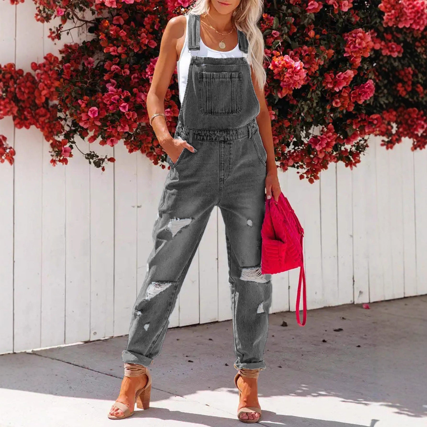 Women's Cropped Ripped Denim Overalls Streetwear Bib Jeans