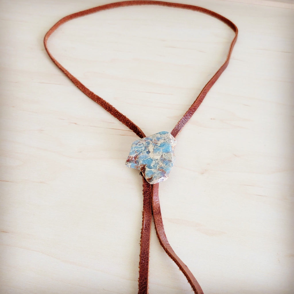 Leather Lariat Boho Necklace w/ Aqua Terra Slab Accent 264e