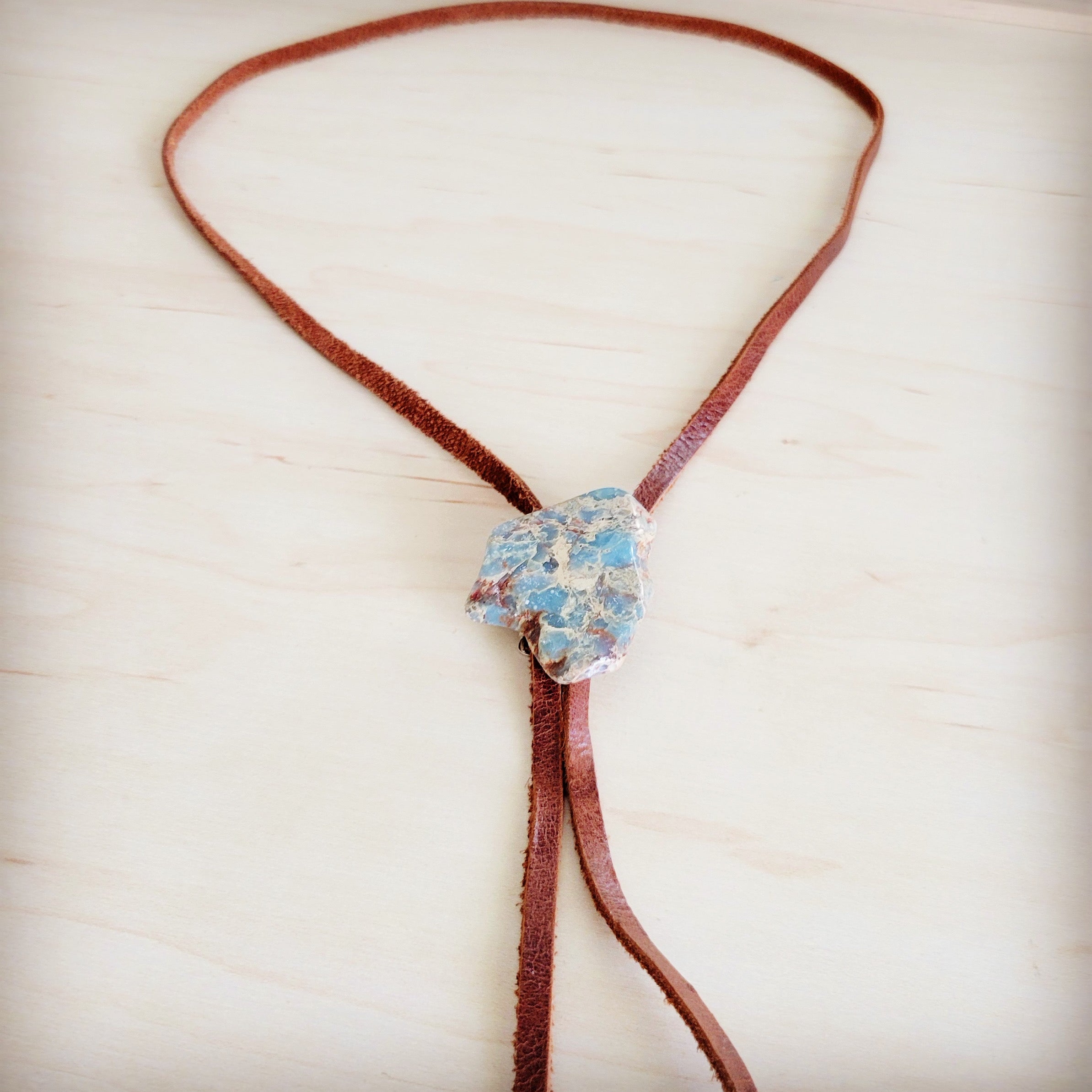 Leather Lariat Boho Necklace w/ Aqua Terra Slab Accent 264e