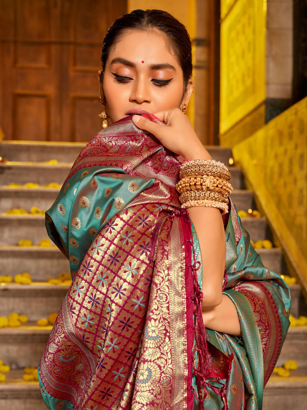 Sea Green Banarasi Silk Saree with Magenta Blouse