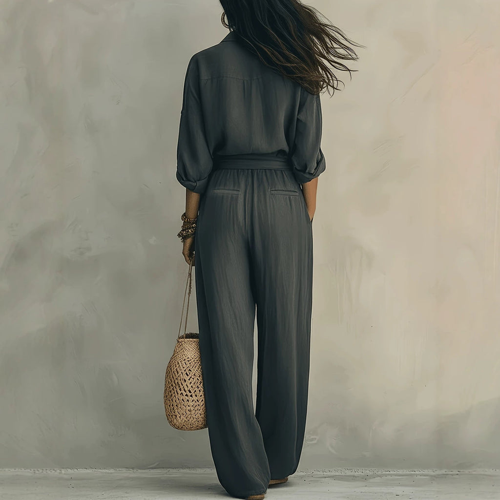 Linen-Look Shirt & Wide-Leg Trouser Set | Drawstring Waist 2-Piece | Gray