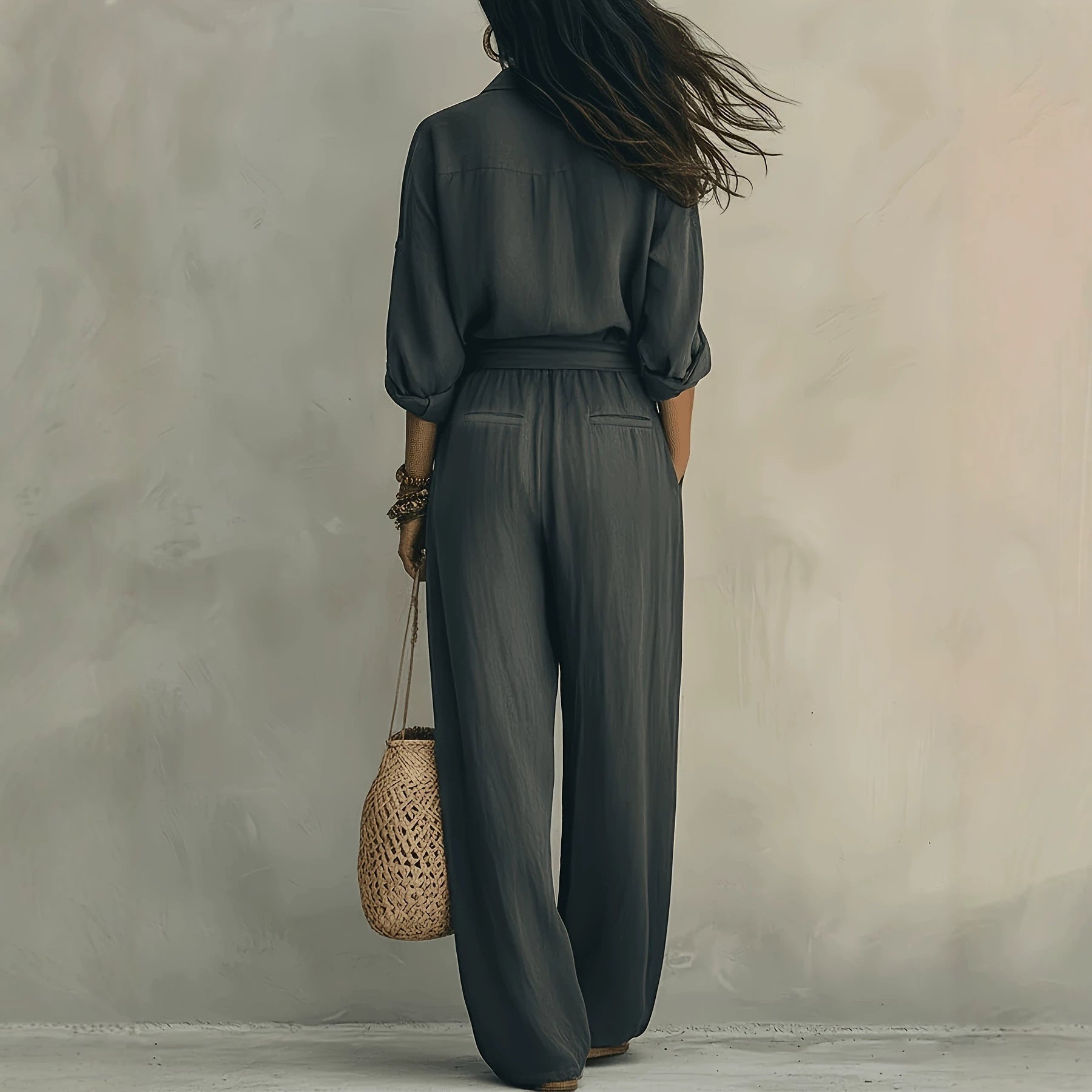 Linen-Look Shirt & Wide-Leg Trouser Set | Drawstring Waist 2-Piece | Gray