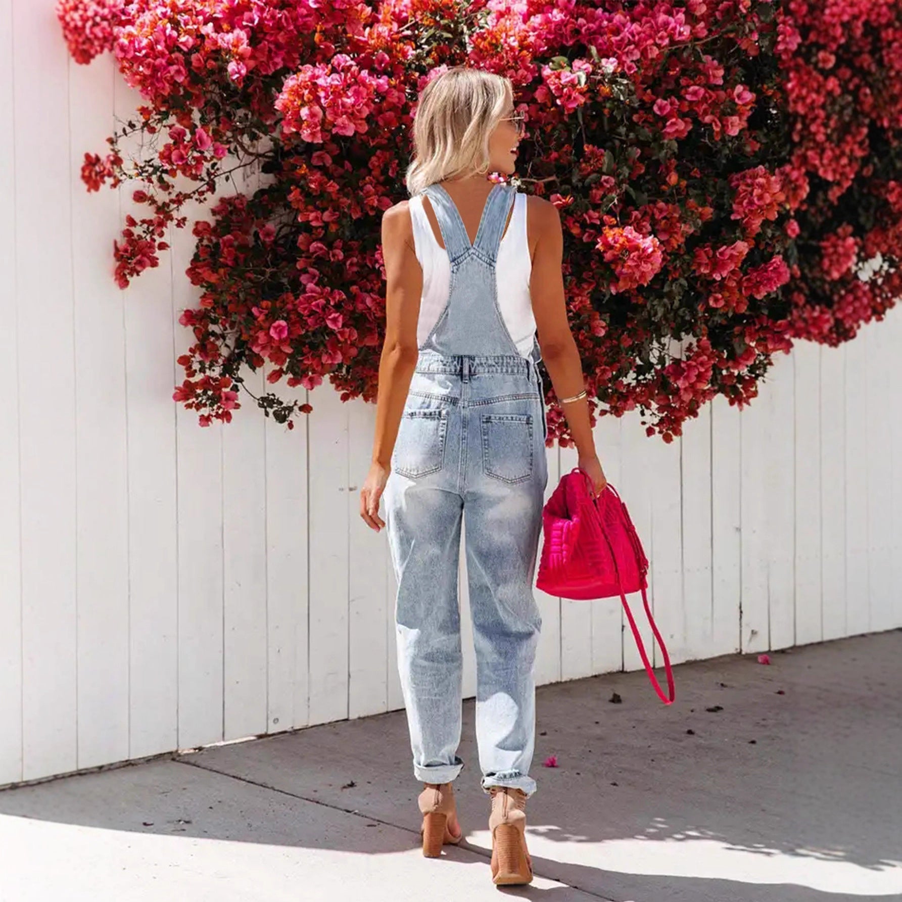 Women's Cropped Ripped Denim Overalls Streetwear Bib Jeans