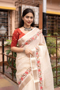 White Pure Linen Woven Design Saree with Unstitched Blouse - Hiral Fashion