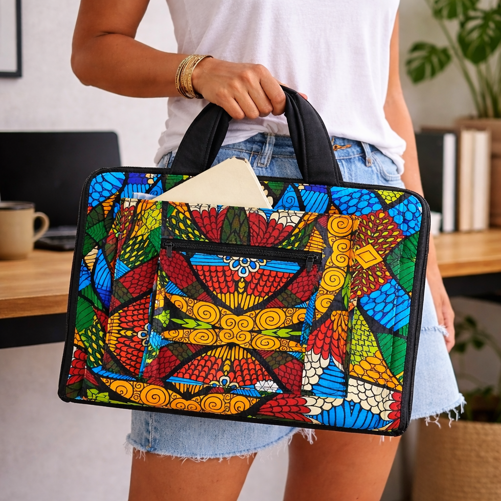 Artisan Ugandan Cotton Laptop Bag - Vibrant Geometric Print
