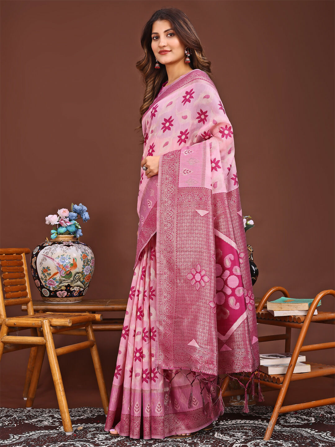 Sajni Pink Linen Cotton Saree with Matching Blouse Piece