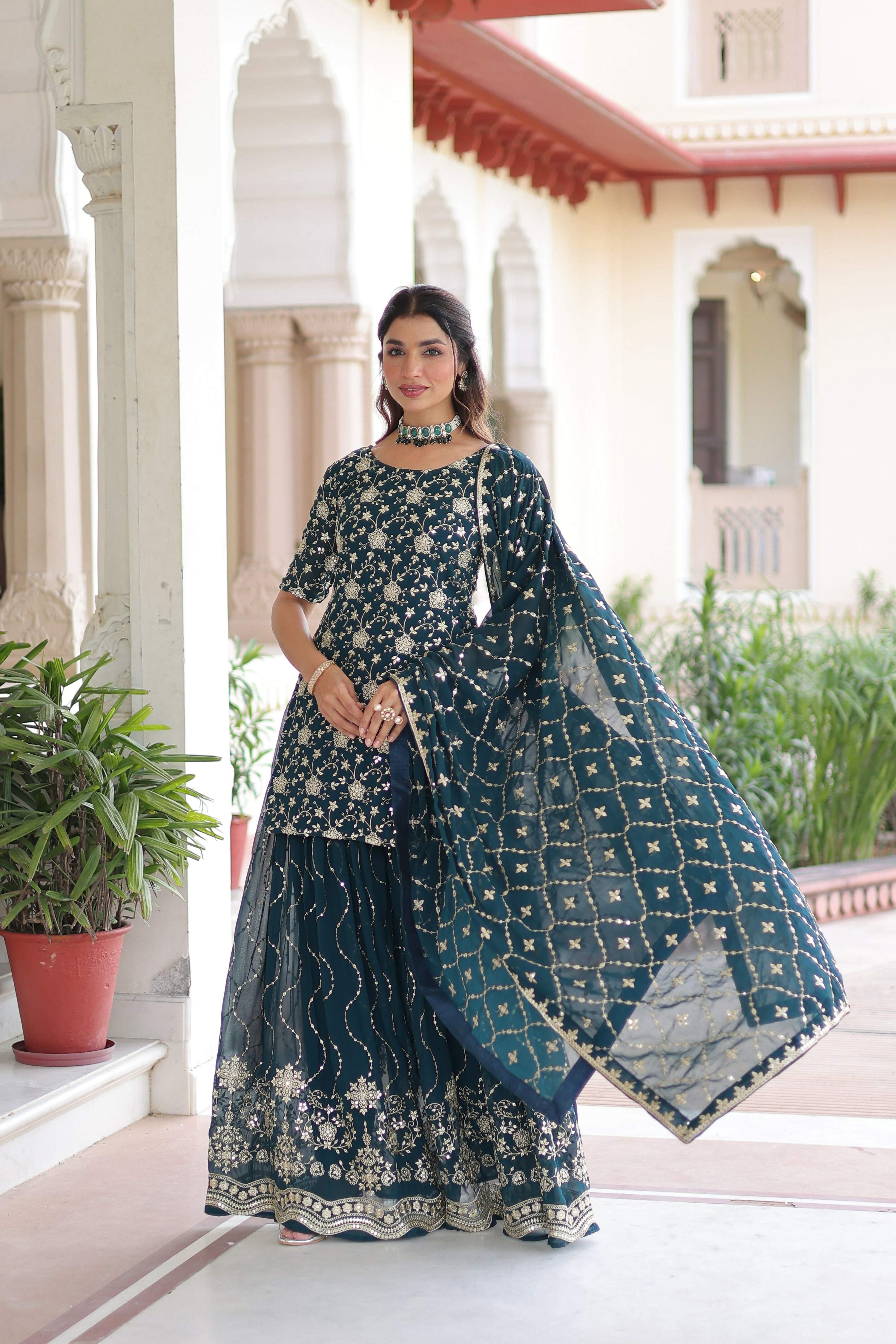 Joban Fashion Rama Green Readymade Kurta Set With Sequence embroidery Work