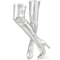 Wsheliu Silver Thigh High Boots Women Chunky Heel Over The Knee Boots Stretchy Tall Boots Sexy Pointed Toe Fashion GOGO Boots Knee High Boots Prom Party Silver US 6