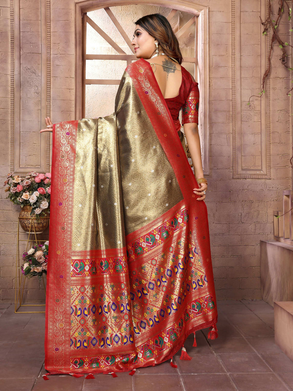 Brown Banarasi Tissue Silk Saree with Elegant Weaving Details