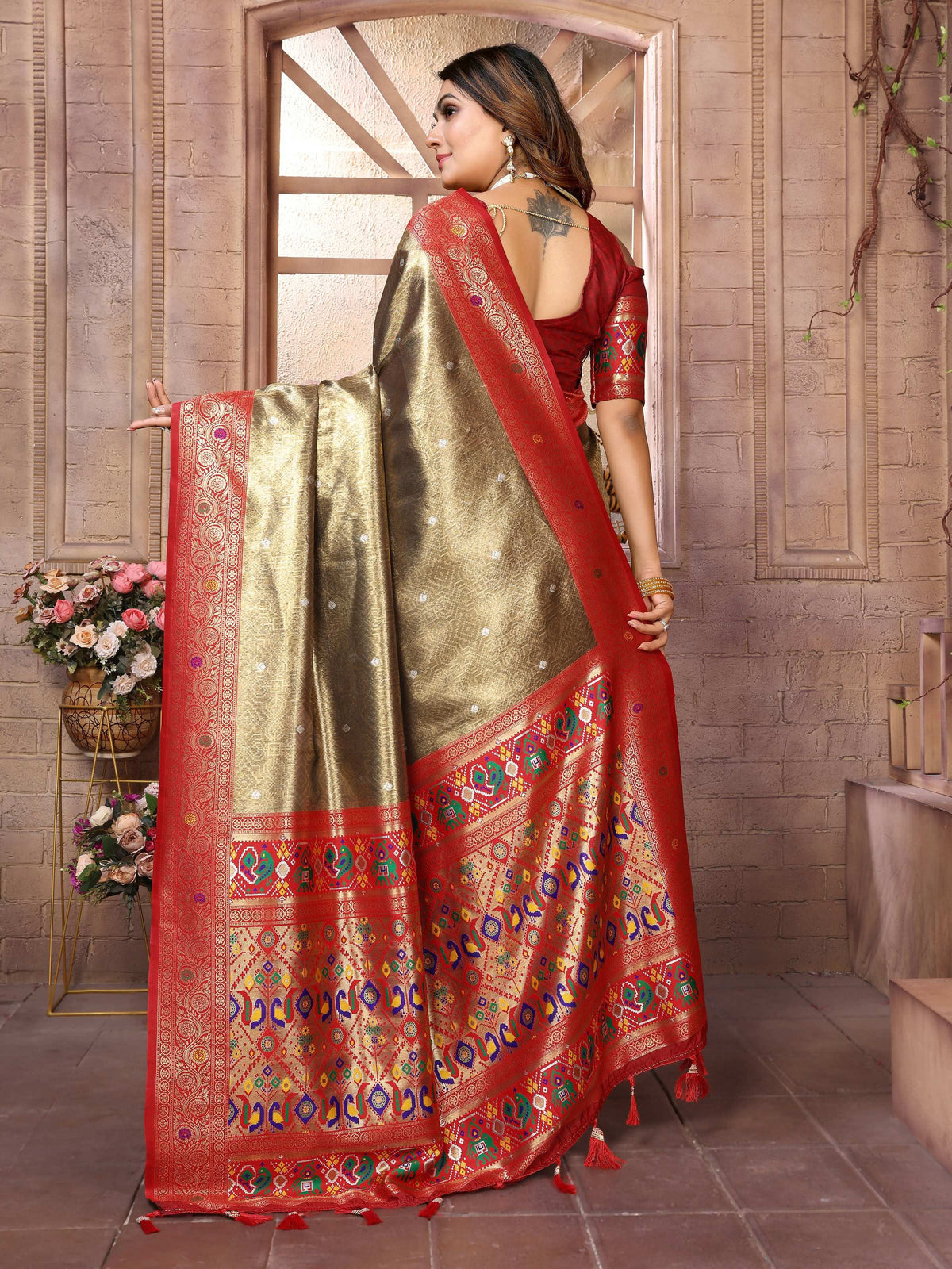 Brown Banarasi Tissue Silk Saree with Elegant Weaving Details