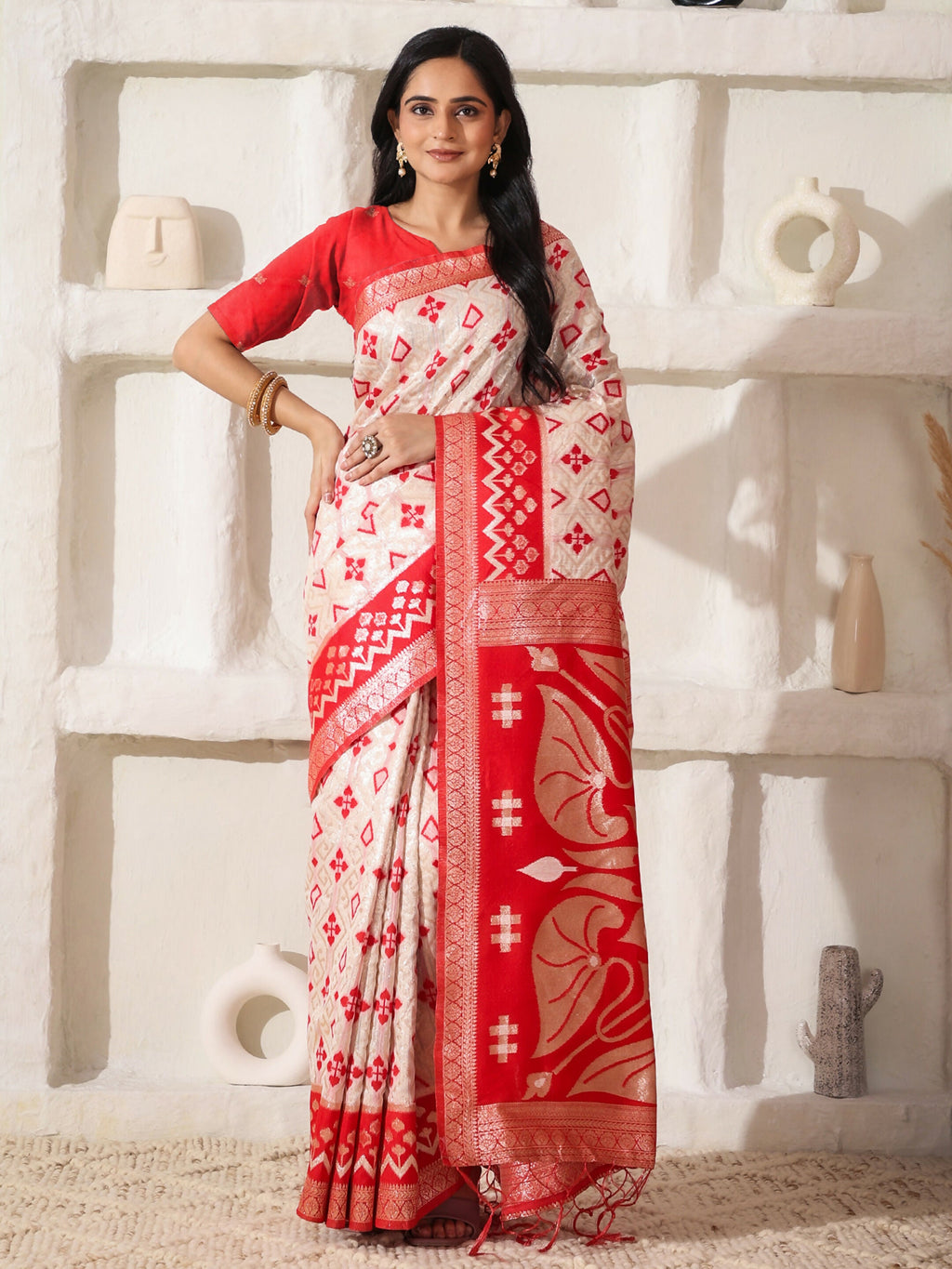 Red and White Linen Cotton Saree with Matching Blouse