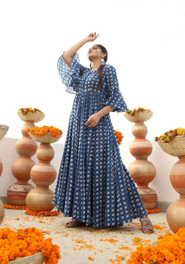 Women's Blue Cotton Silk Anarkali Dress with Digital Print