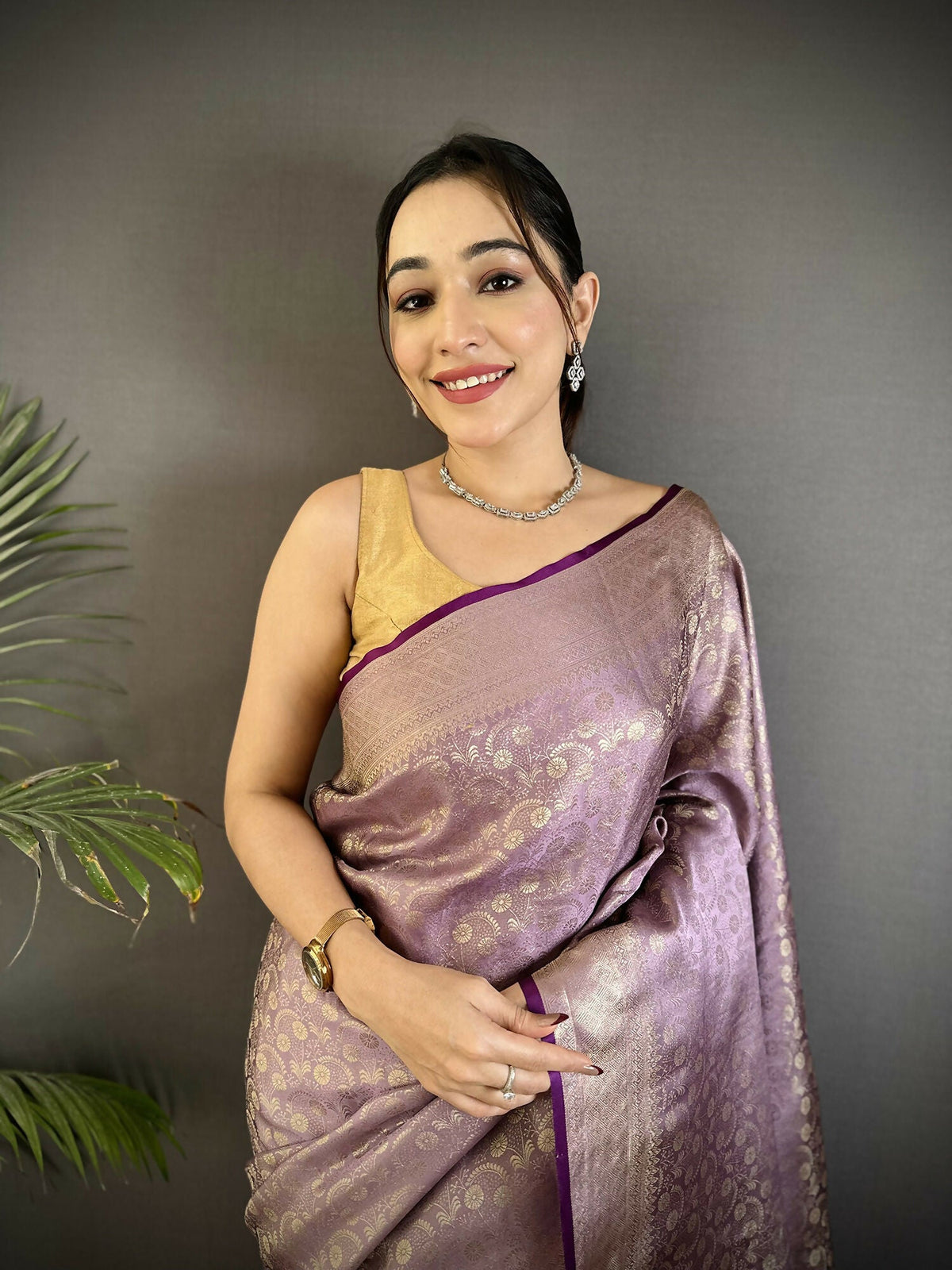 Lavender Floral & Paisley Motif Soft Satin Silk Banarasi Saree