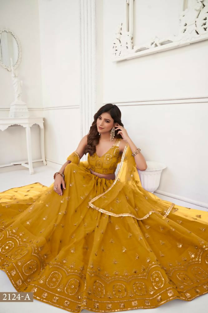 Mustard Yellow Butterfly Net Lehenga with Sequence Embroidery