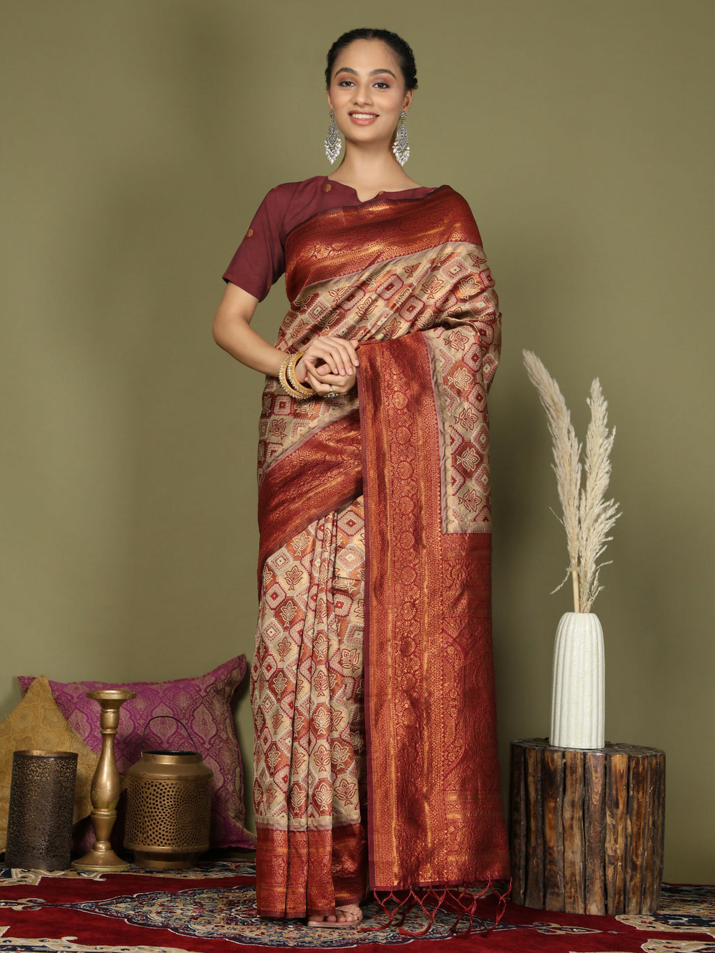 Cream Lichi Silk saree with Red blouse, perfect for a sophisticated traditional look.