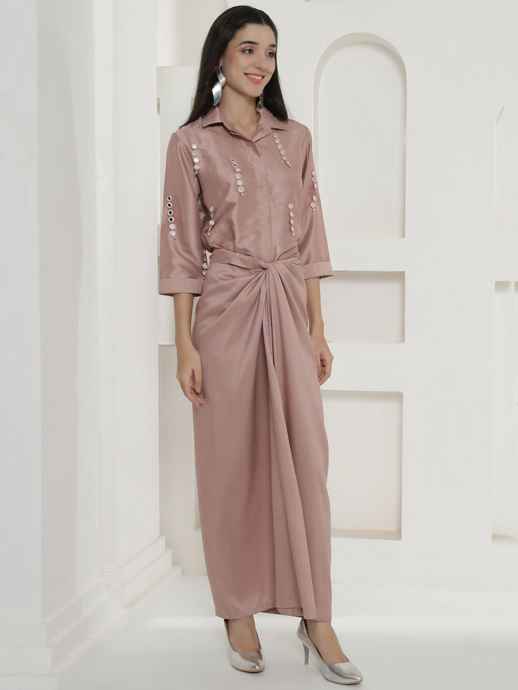 Rose Gold Tie Knot Skirt Set with Hand Embellishment Dola Silk