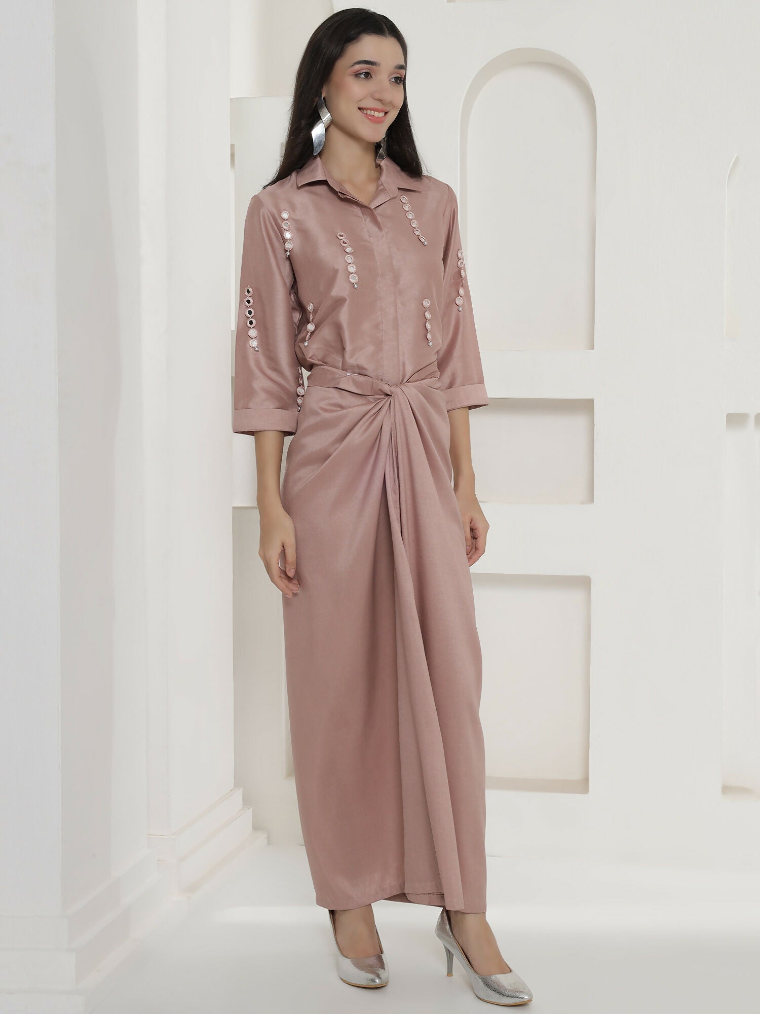 Rose Gold Tie Knot Skirt Set with Hand Embellishment Dola Silk