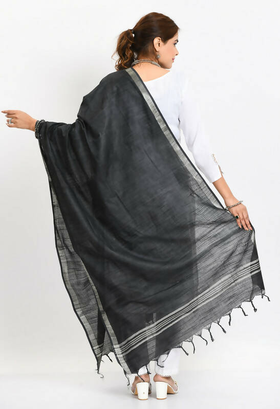 Black Linen Cotton Dupatta with Elegant Silver Border