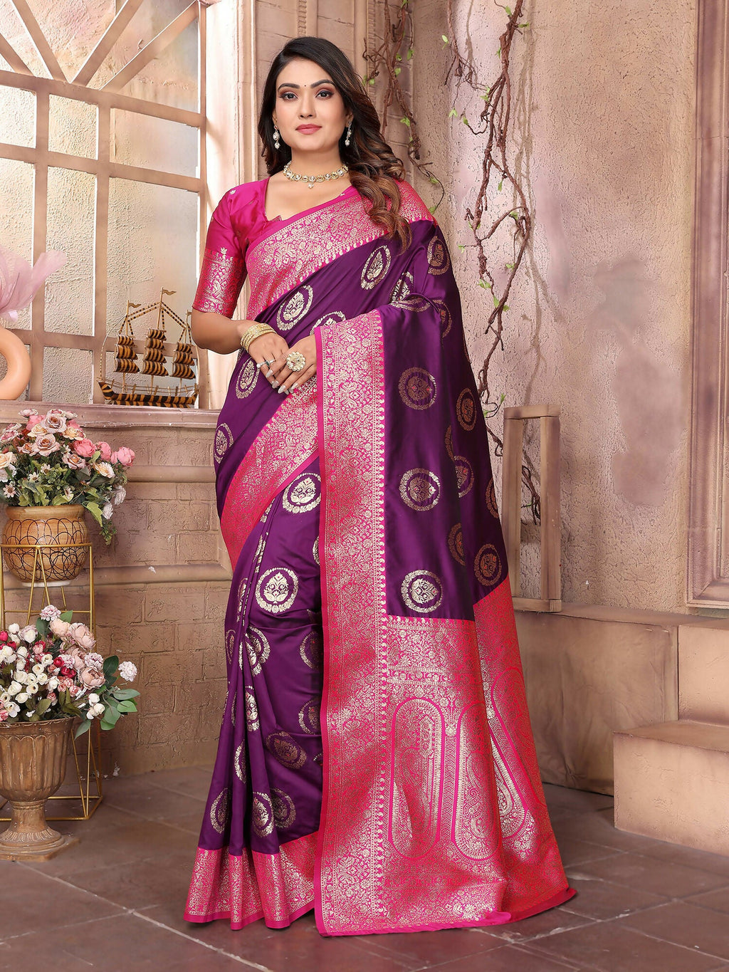 Joban Fashion Purple Banarasi Soft Silk Woven Saree