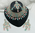 Pink and blue stone work necklace set with matching earrings