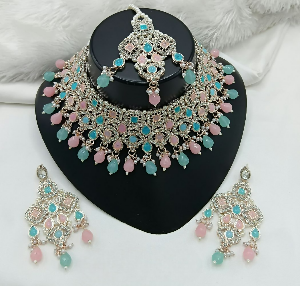 Pink and blue stone work necklace set with matching earrings