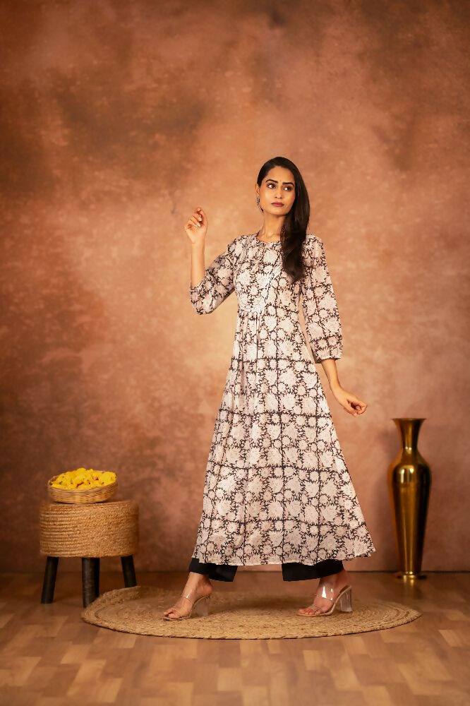 Close up of Black Floral Hand Block Printed Cotton Kurta fabric details