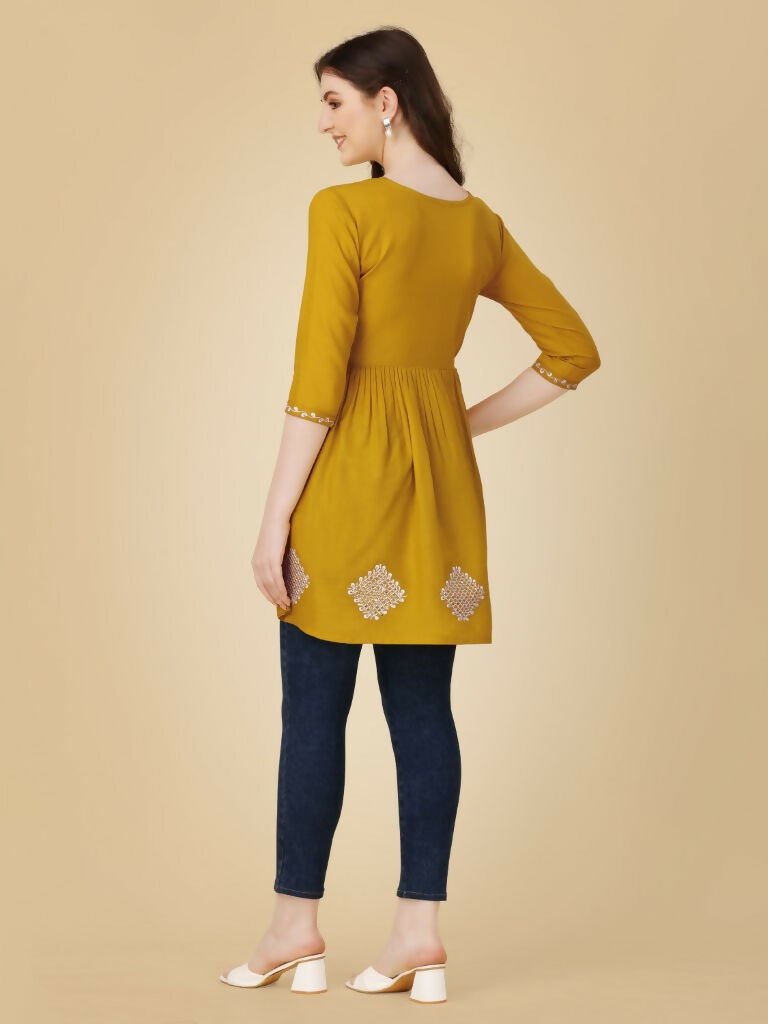 Women's Mustard Embroidered Casual Top with Sequence Work