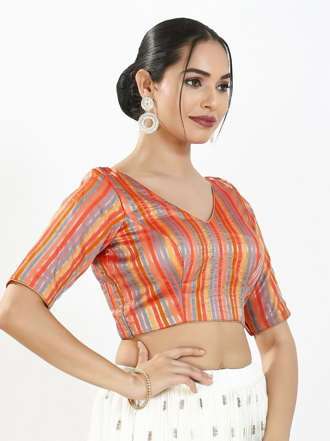 Joban Fashion Orange Multi Brocade Padded Blouse With V Neck Elbow Sleeves