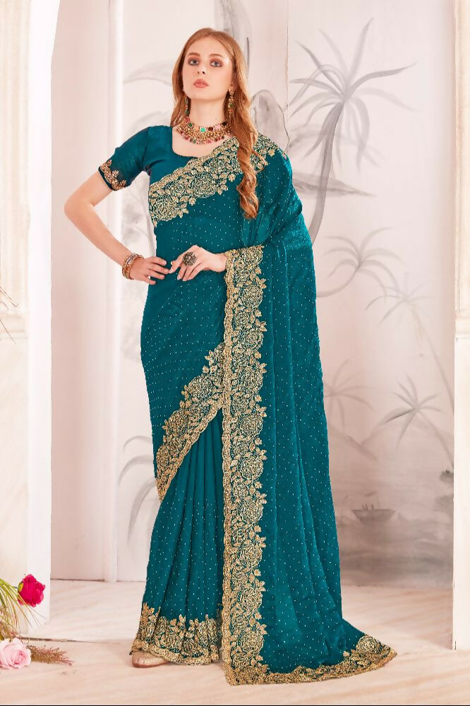 Morpeach Fendi Two Tone Silk Saree with Resham and Zircon embroidery