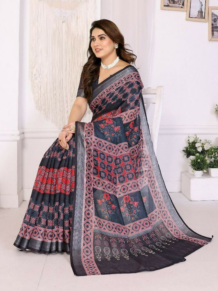 PR Fashion Wine Handloom Linen Cotton Zari Saree