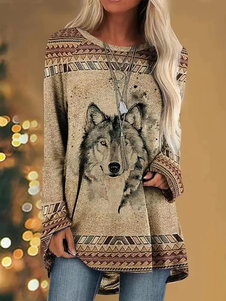 Women's Long Sleeve Graphic Animal Print T-Shirt Tan Relaxed Fit - Image 11