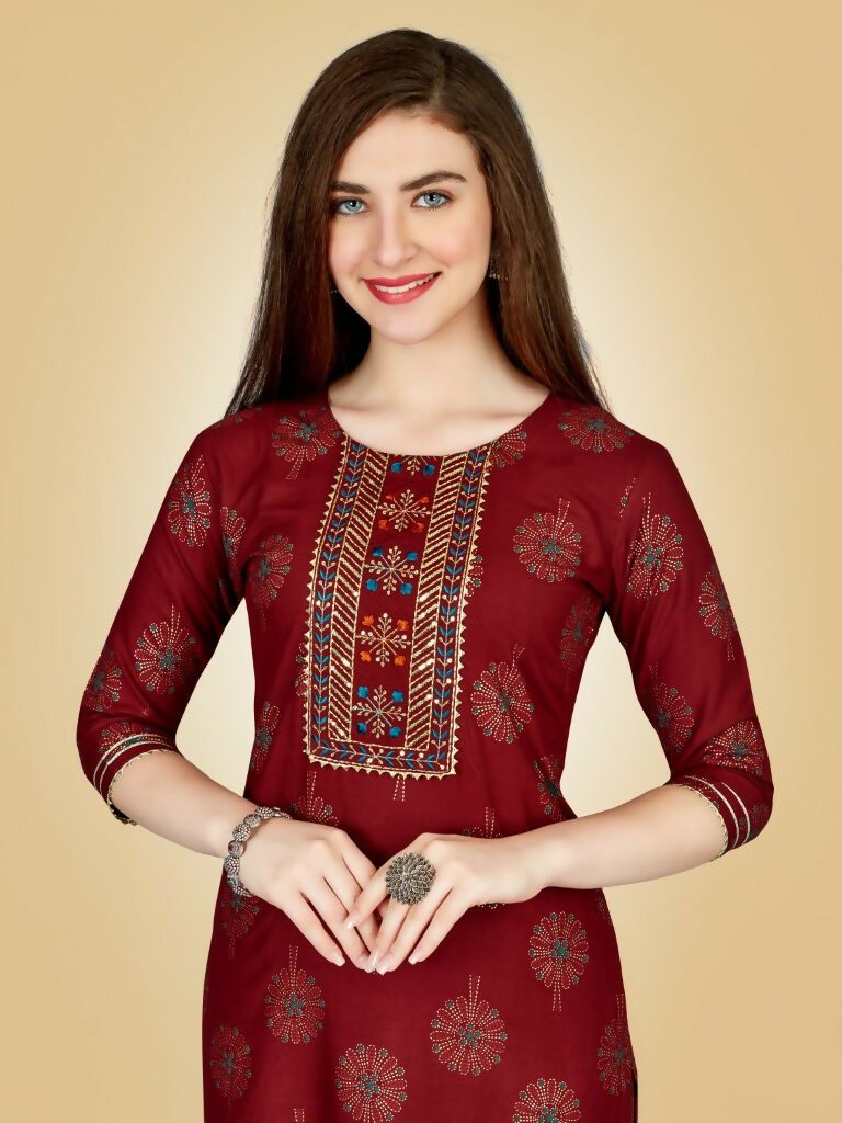 Women's Maroon Embroidered Viscose Rayon Straight Kurta Pant Set