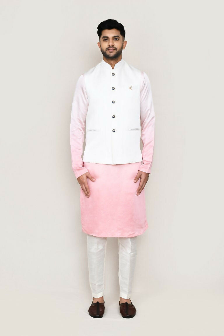 Men's White Art Silk Kurta Set with Matching Jacket and Pant