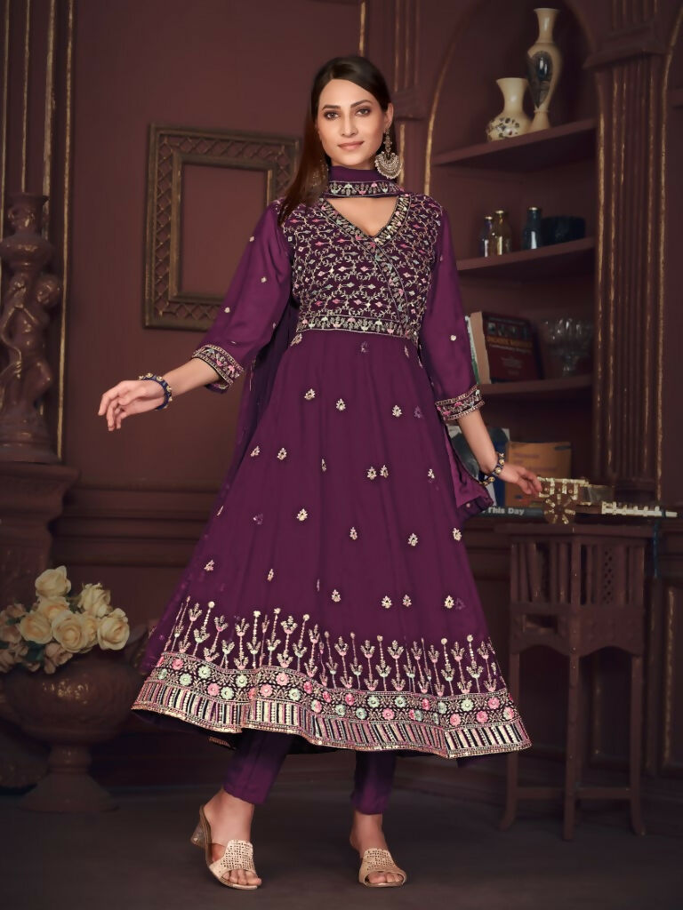 Floor length purple georgette embroidered Anarkali set for women