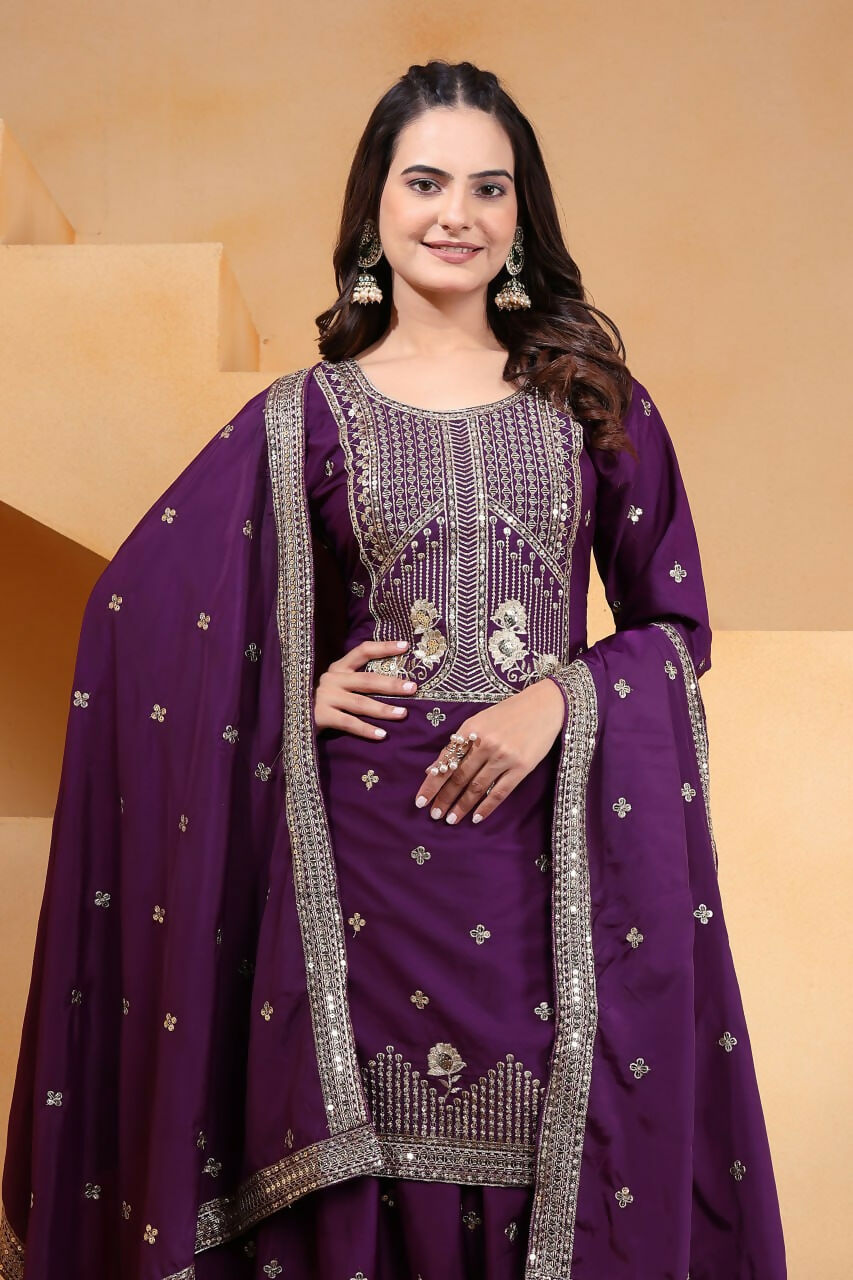 Wine Crepe Embroidered Sharara Set for Formal Ethnic Style