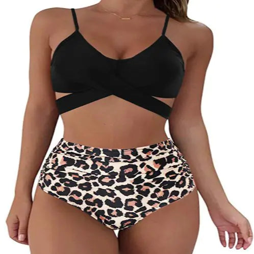 Model wearing a stylish high-waisted cross-front two-piece bikini set.