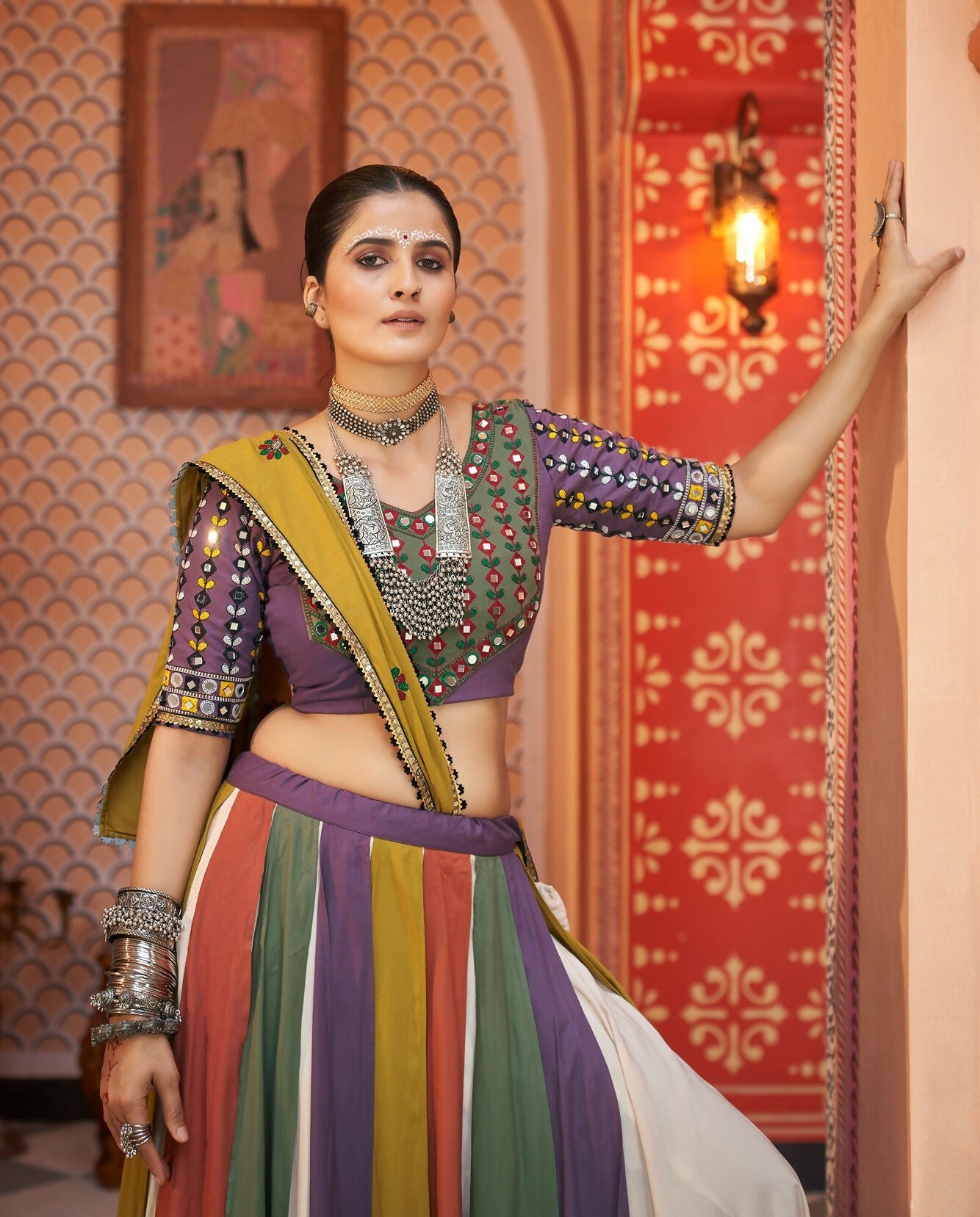 Multi Color Viscose Rayon Ethnic Fusion Navratri Lehenga