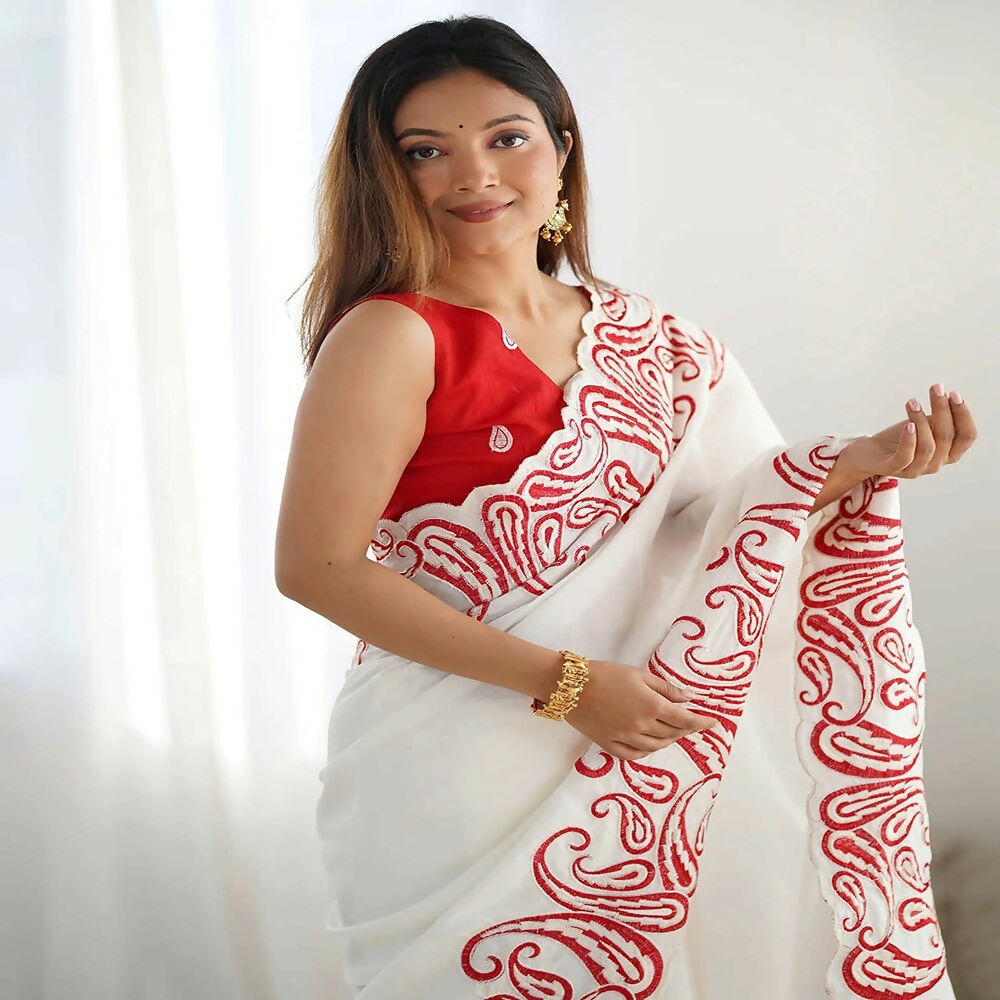 Off White & Red Silk Blend Saree with Embroidered Scalloped Border